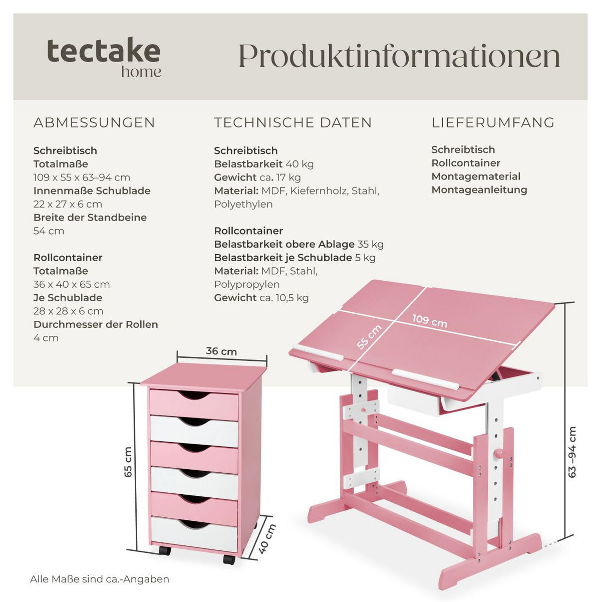 SCHREIBTISCH ,pflegeleicht,rosa - Rosa, Holz (55/94/109cm) - tectake