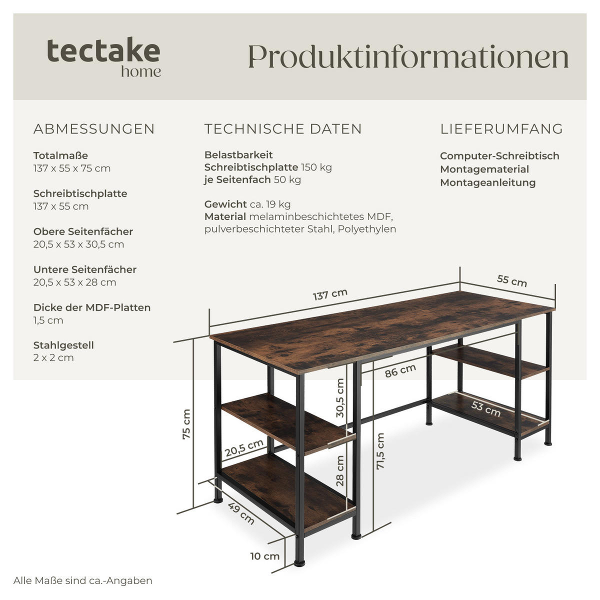 COMPUTER-SCHREIBTISCH Stoke,137 x 55 x 75 cm,Industrial Holz dunkel, rustikal - Rostfarben, Holz (137/55/75cm) - tectake