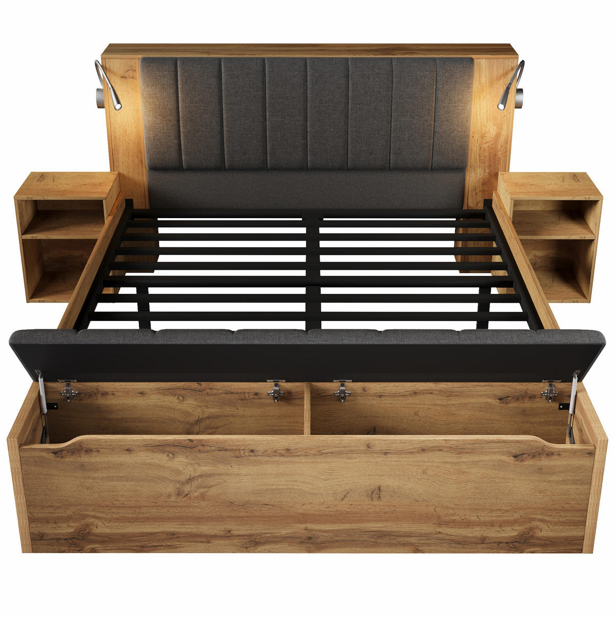POLSTERBETT 180x200 cm in Eiche mit USB & Leselampen - Eichefarben, Holzwerkstoff (180/200cm) - Modfu