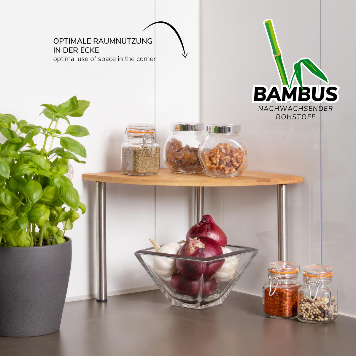 BAMBUS-ECKREGAL, Bambus mit Edelstahl - Braun, Holz (25/20/25cm) - bremermann