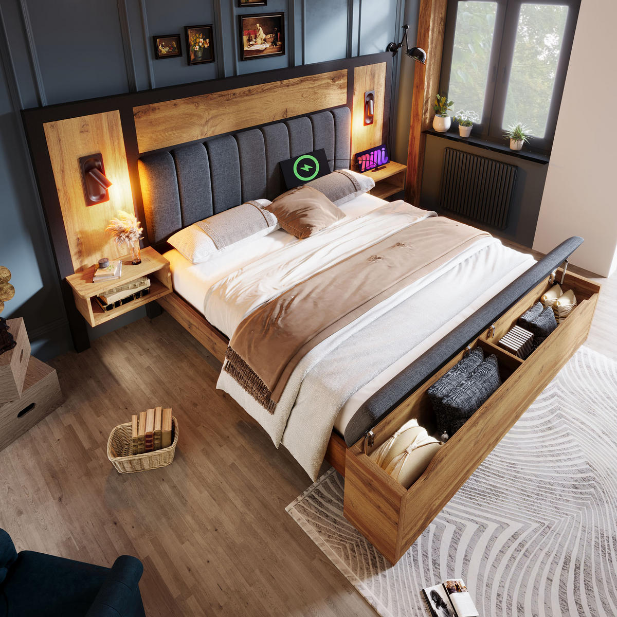 POLSTERBETT 180/200 cm Eiche mit Leselampe und USB-C-Nachttisch - Eichefarben, Metall (180/200cm) - OKWISH