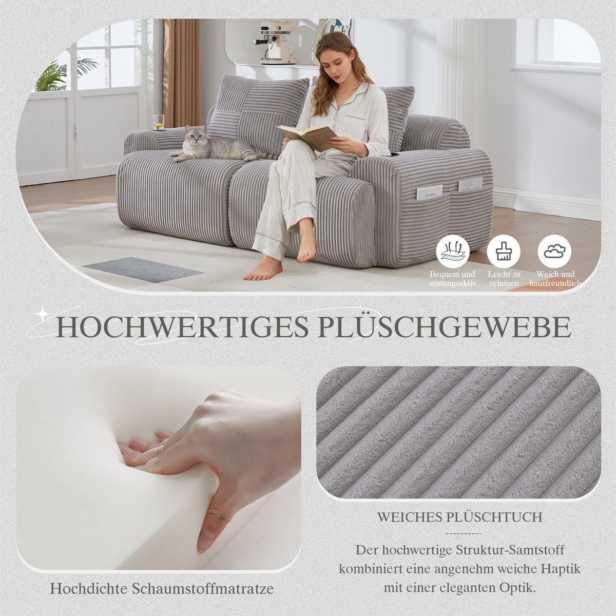 2-SITZER Sofa Cordstoff mit Getränkehalter und Seitentasche 200/99/80 cm Hellgrau - Hellgrau, Textil (99/80/200cm) - Redom