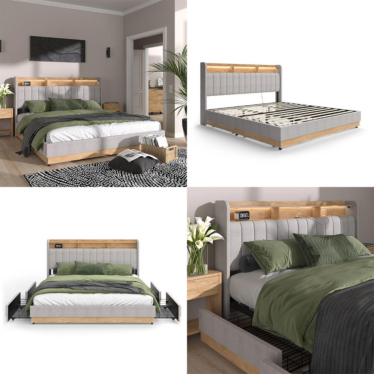 POLSTERBETT Nura Grau 180x200 cm mit 4 Schubladen - Grau, Holzwerkstoff - VitaliSpa
