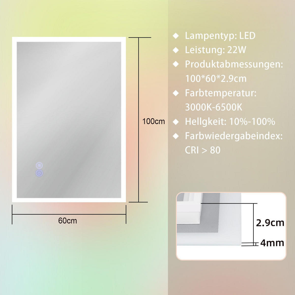 BADEZIMMERSPIEGEL Reddy mit LED-Leuchte 100/60 cm - Weiß, Glas (100/2.9/60cm) - Nettlife