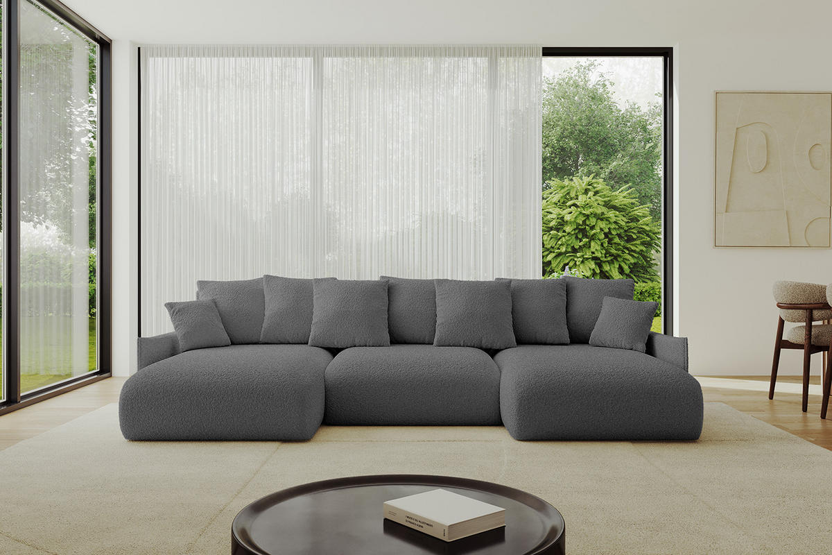 WOHNLANDSCHAFT mit Schlaffunktion und Bettkasten ONESK-U-v1 304x165x40 Grau Bouclé - Grau, Holzwerkstoff/Kunststoff (304/90/165cm) - ALTDECOR