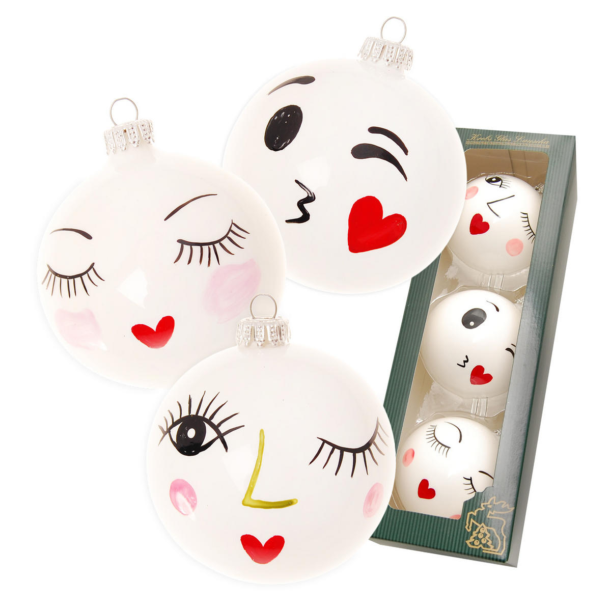 CHRISTBAUMKUGELN Gesichtsfasching Weiß 8cm (Glas / 3 Stk.) - Weiß, Glas (7/8/7cm) - Krebs Glas Lauscha