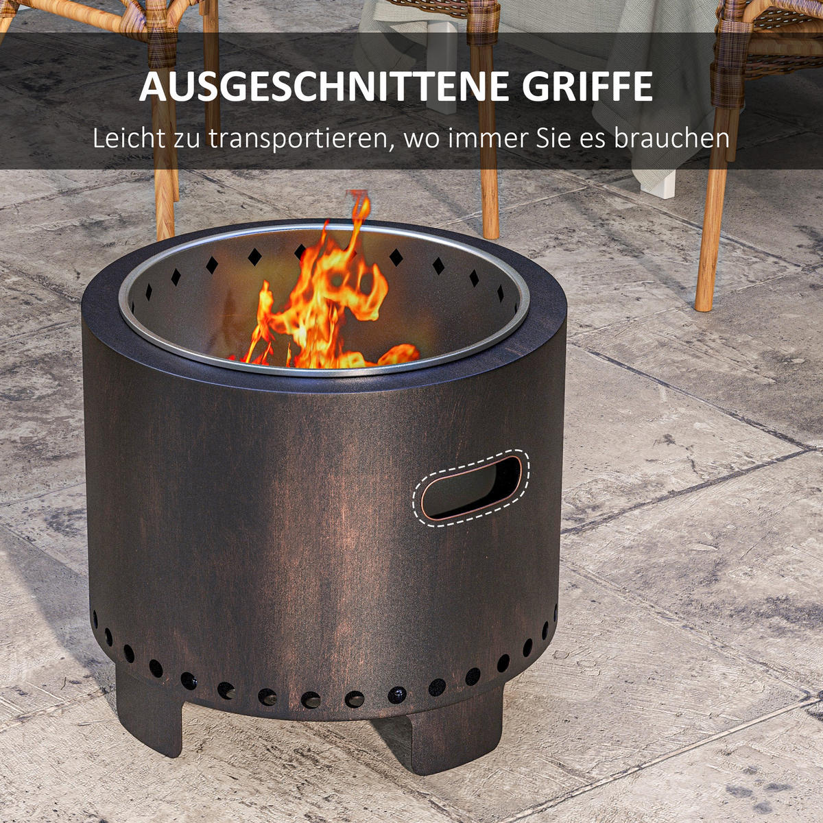 FEUERSCHALE, rauchfreier Tischfeuer, Ø45 cm Feuerstelle mit Griff, Schürhaken - Schwarz, Metall (45/42/45cm) - Outsunny