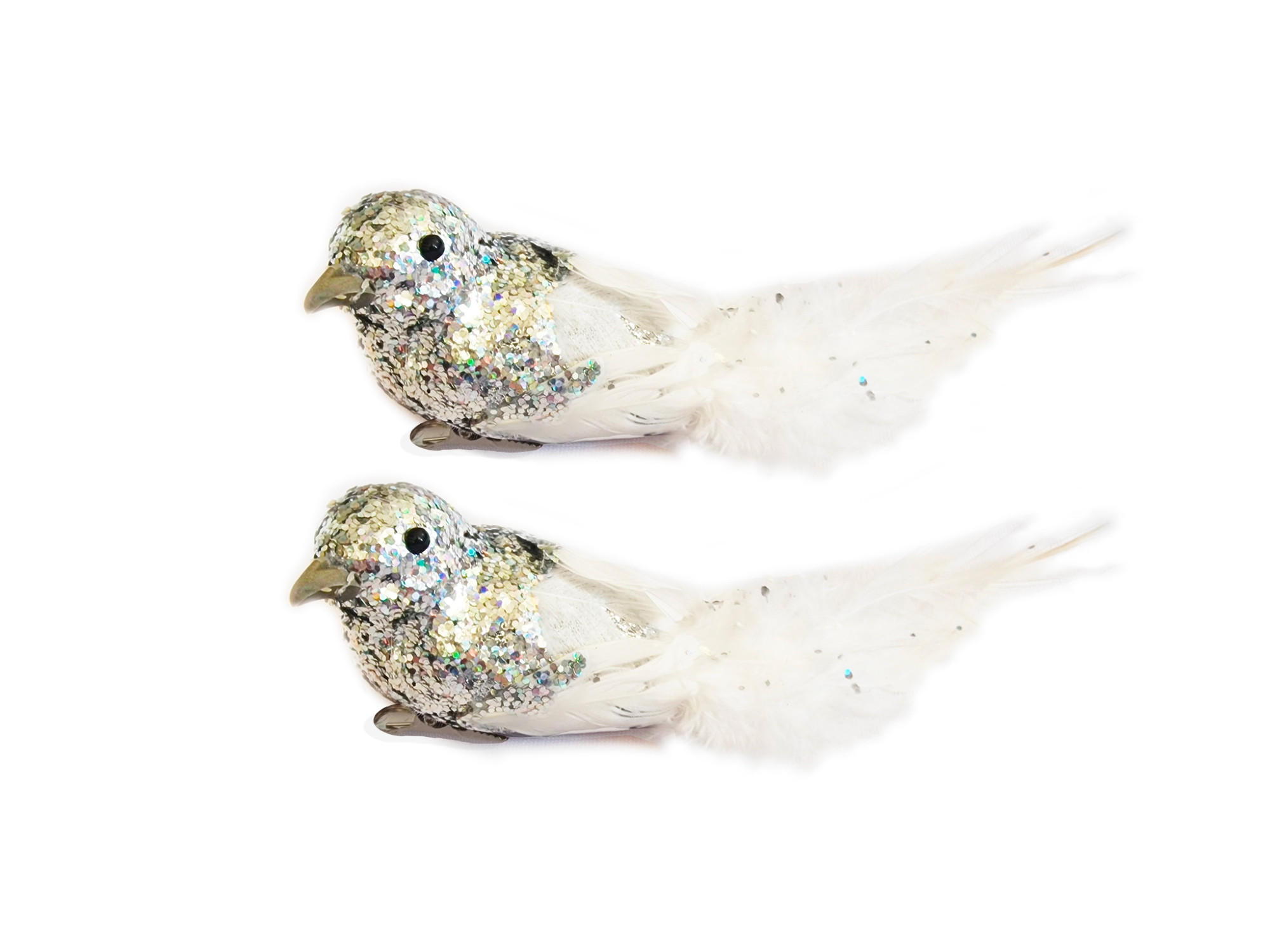 WEIHNACHTSVOGEL 2er-Set mit Clip mit Glitzer silber 13 cm - Silberfarben/Weiß, Naturmaterialien/Kunststoff (5/5/13cm) - LAALU