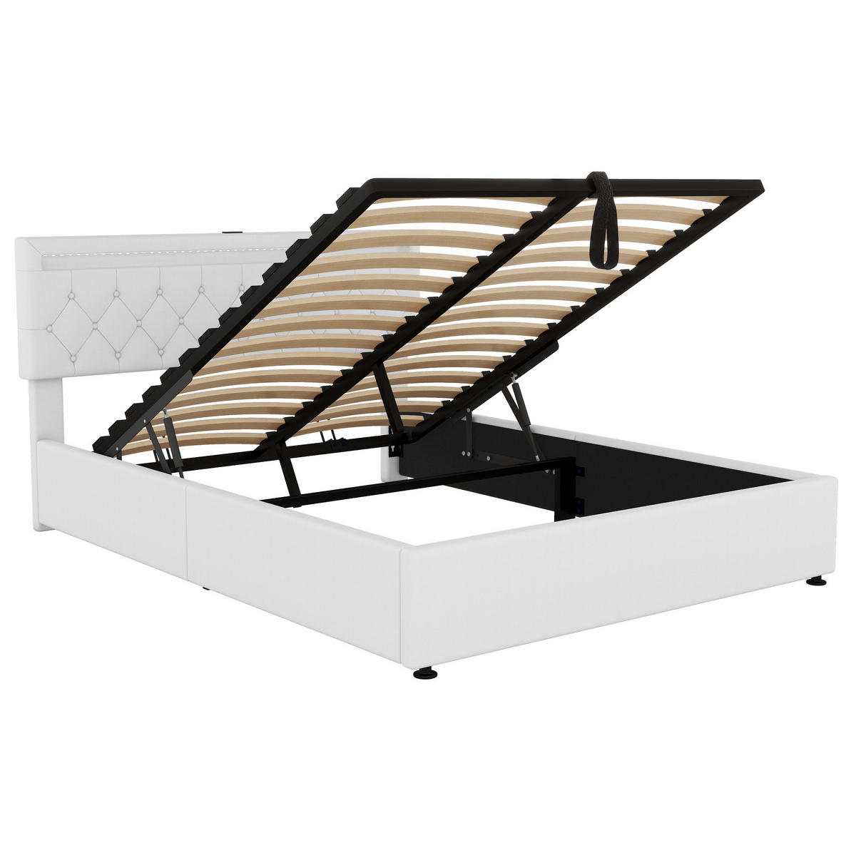 POLSTERBETT 160/200 cm mit LED-Beleuchtung, USB- und USB-C-Anschluss, hydraulischem Stauraum, Leinen, Weiß - Weiß, Textil (160/200cm) - Redom