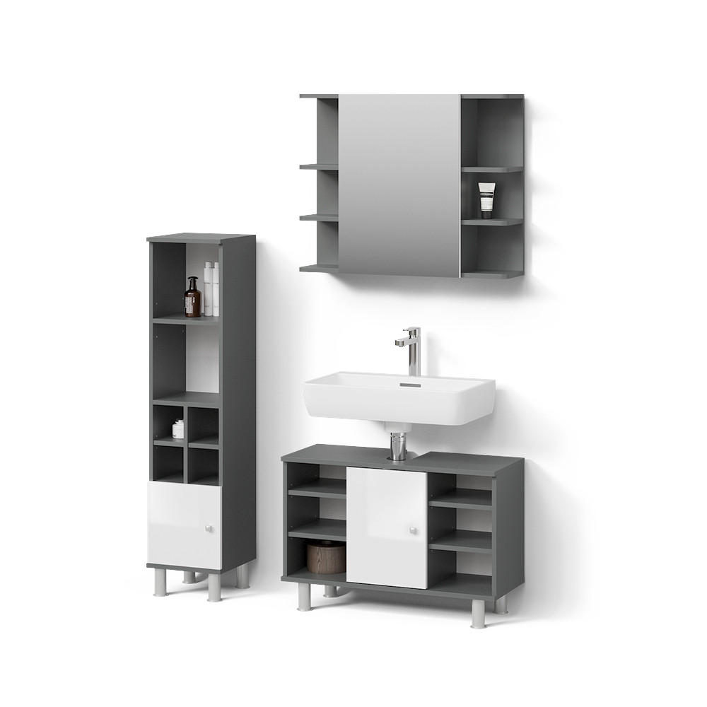 BADMÖBEL-SET Fucino Anthrazit 3 Teile, mit Midischrank Tür klein - Anthrazit/Weiß, Holzwerkstoff (80/54/32cm) - Livinity®
