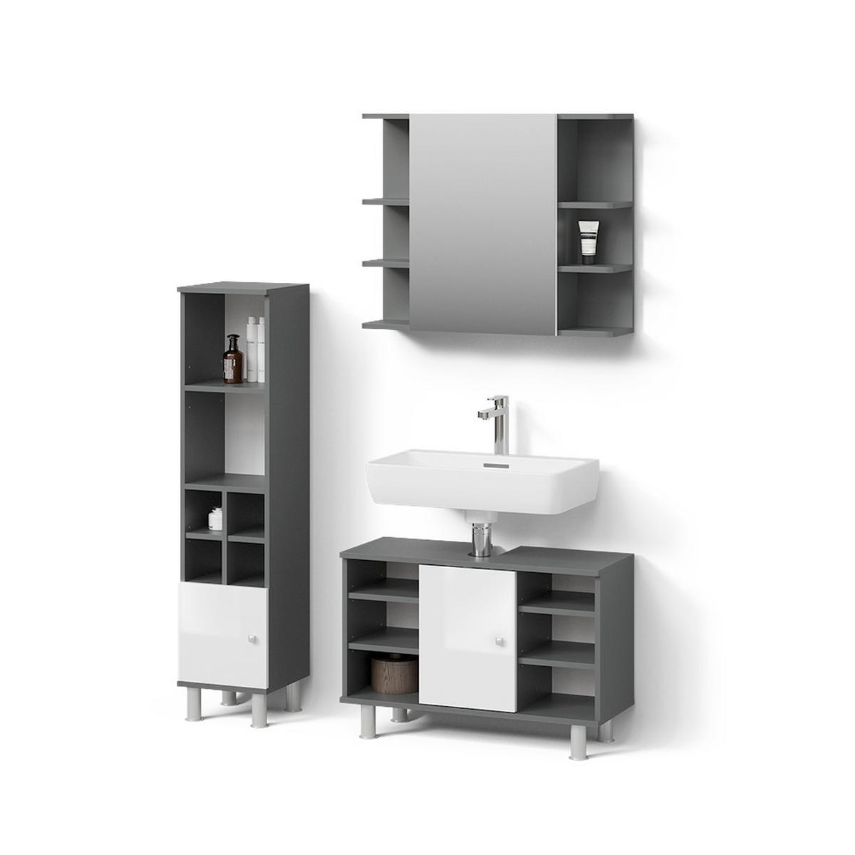 BADMÖBEL-SET Fucino Anthrazit 3 Teile, mit Midischrank Tür klein - Anthrazit/Weiß, Holzwerkstoff (80/54/32cm) - Livinity®