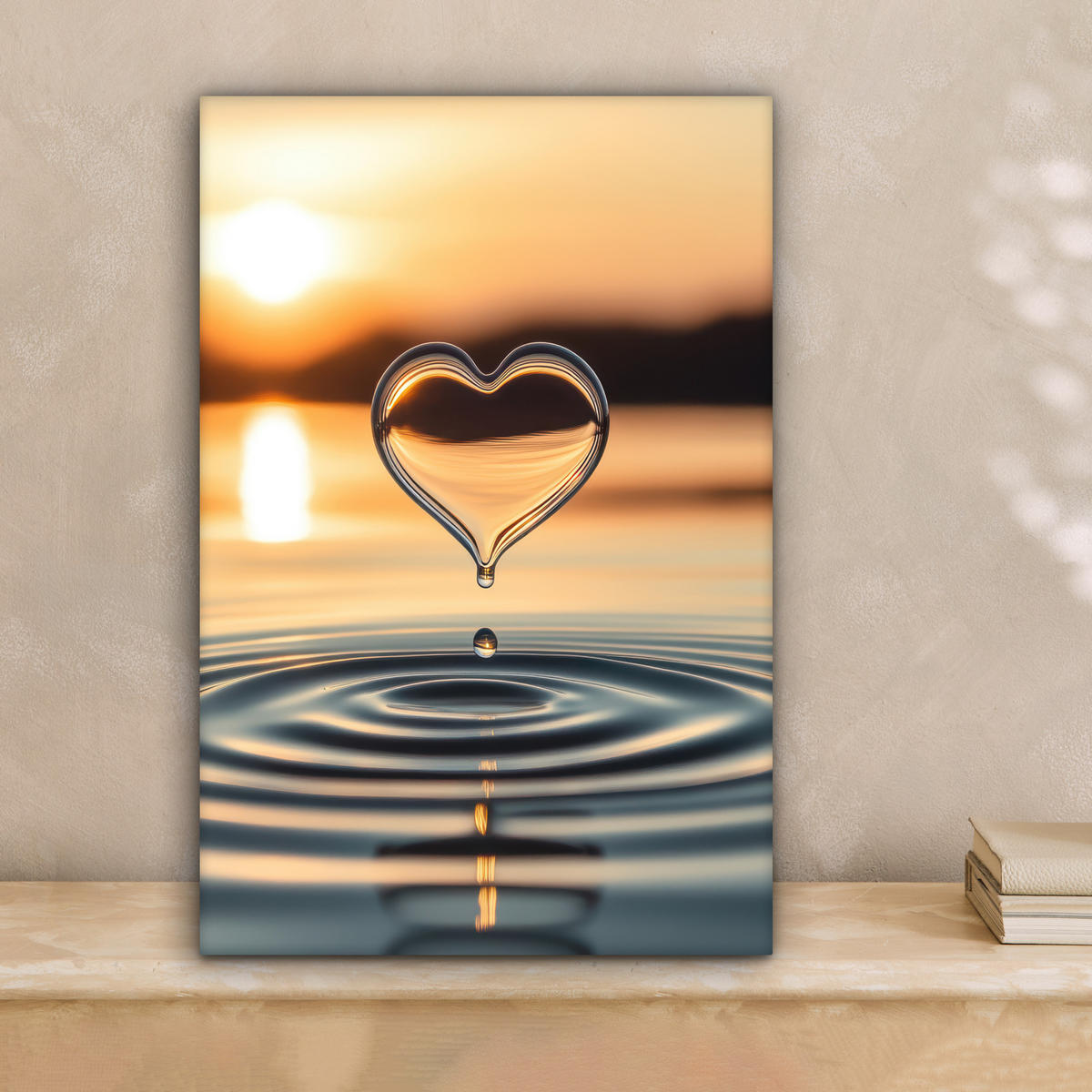 LEINWANDBILD - Herz - Wasser - Sonnenuntergang - Natur - Zen - 20x30 - Bilder - Bernsteinfarben, Textil (20/30cm) - MuchoWow