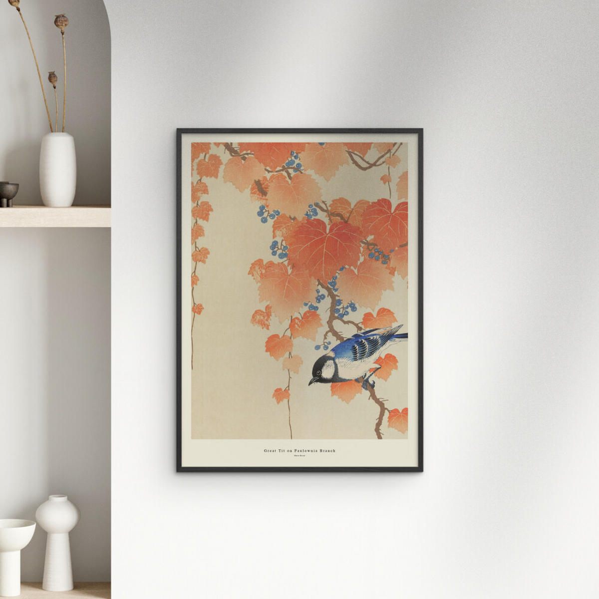 POSTER mit Rahmen A.P. Atelier - Great Tit on Paulownia Branch - Schwarz/Orange, Holz/Papier (70/100cm) - Poster&Frame