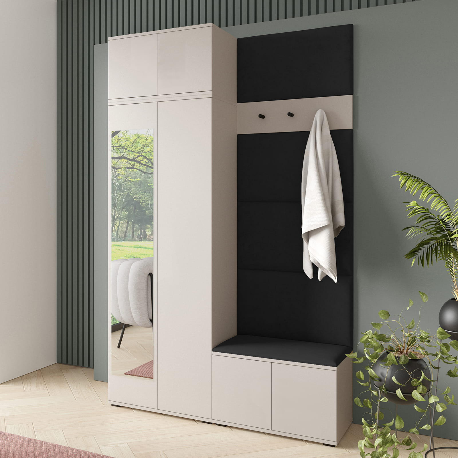 GARDEROBE NAPOLI 4 mit POLSTERPANEELEN SCHWARZ - Beige/Schwarz, Holzwerkstoff (140/229/40cm) - Jerpax