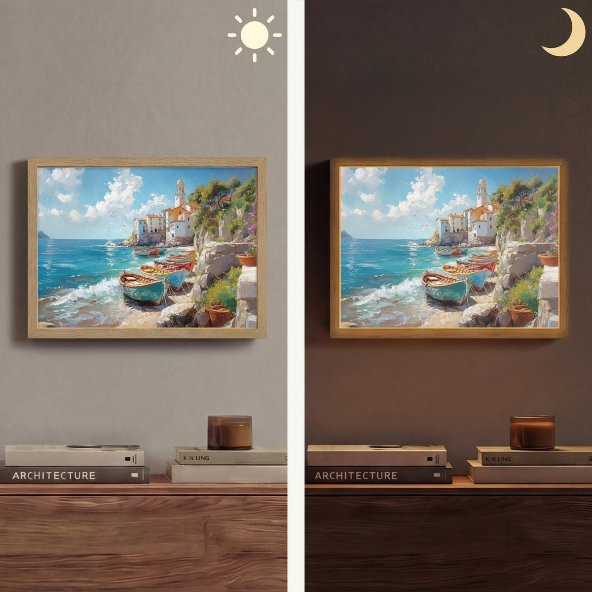 NÁSTĚNNÁ LAMPA S AKUMULÁTOREM Lodě - skály - moře - slunce 40x30 cm - modrá, kompozitní dřevo (40/30/8cm) - OnlyWow