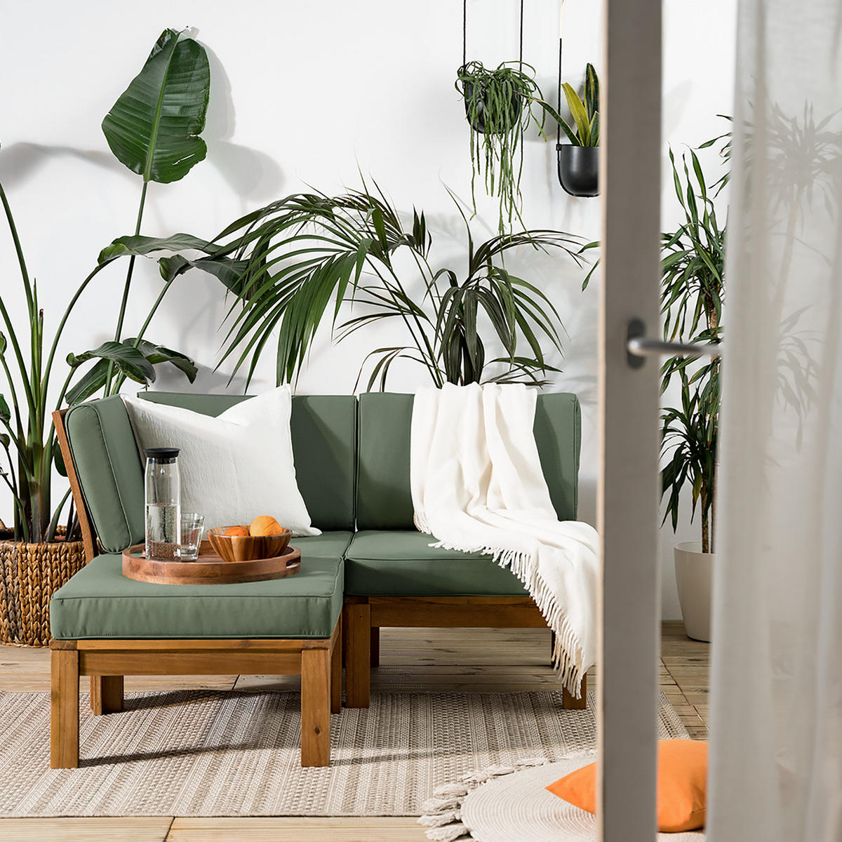 LOUNGEHOCKER - Webstoff / Akazie massiv - Olivgrün, Holz/Textil (60/38/60cm) - home24