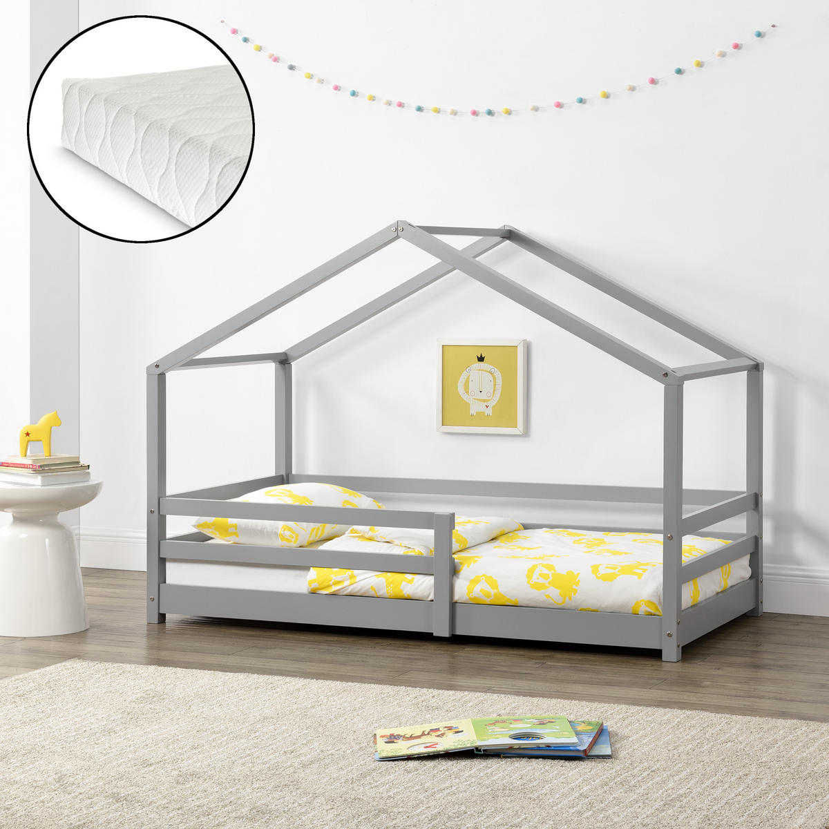 HAUSBETT Knätten mit Matratze - Hellgrau, Holz/Textil (90/200cm) - [en.casa]