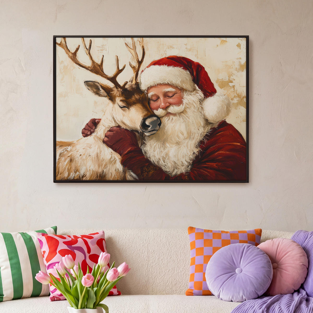 LEINWAND Bilder mit Rahmen - Weihnachtsmann - Rentier - Weihnachten - 100x70 - Rotbraun, Textil (100/70cm) - MuchoWow
