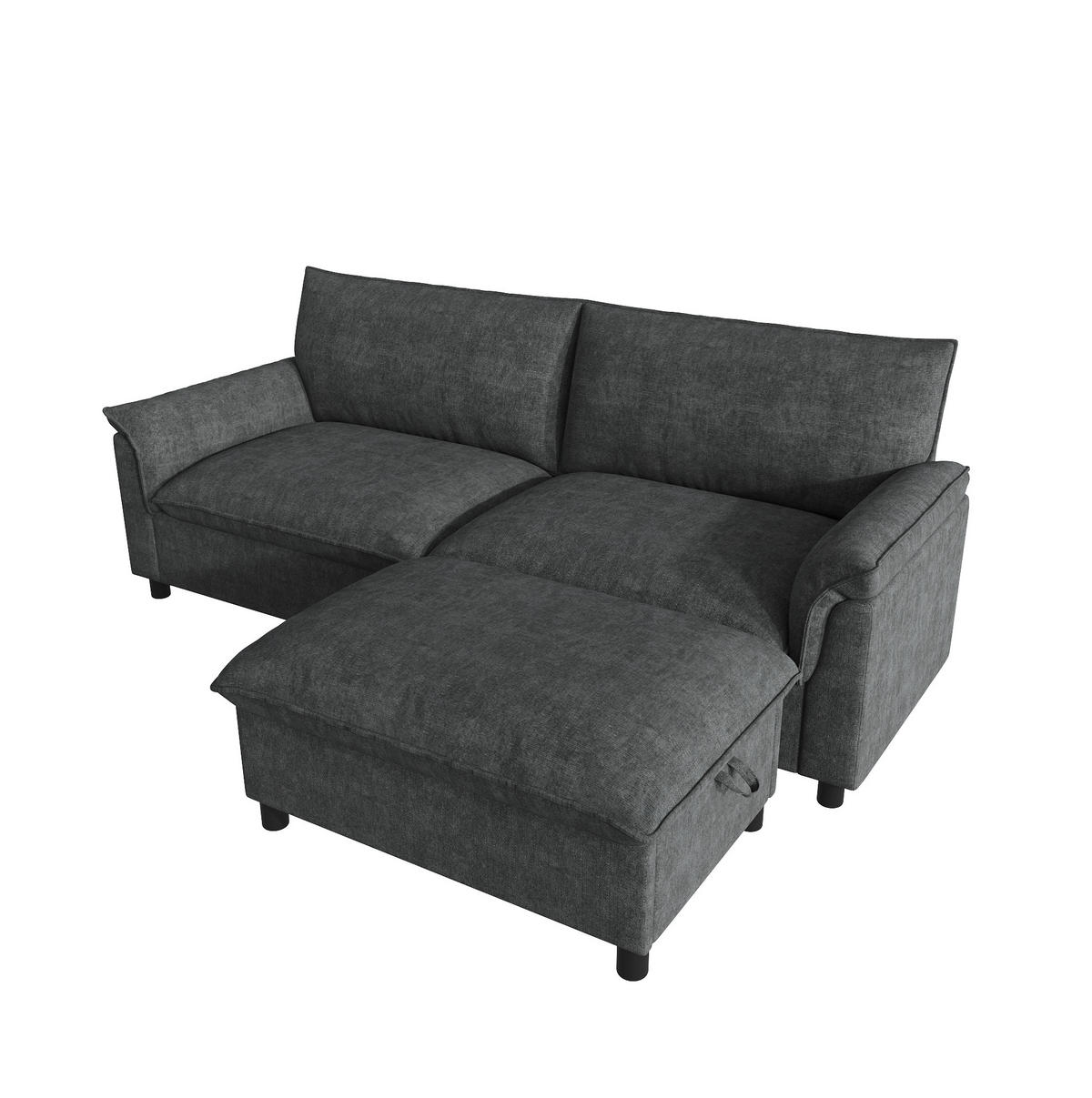 SOFA 216/77/82 cm Schwarz aus Chenille mit Fußhocker und Stauraum - Schwarz, Textil (77/82/216cm) - OKMYHOME
