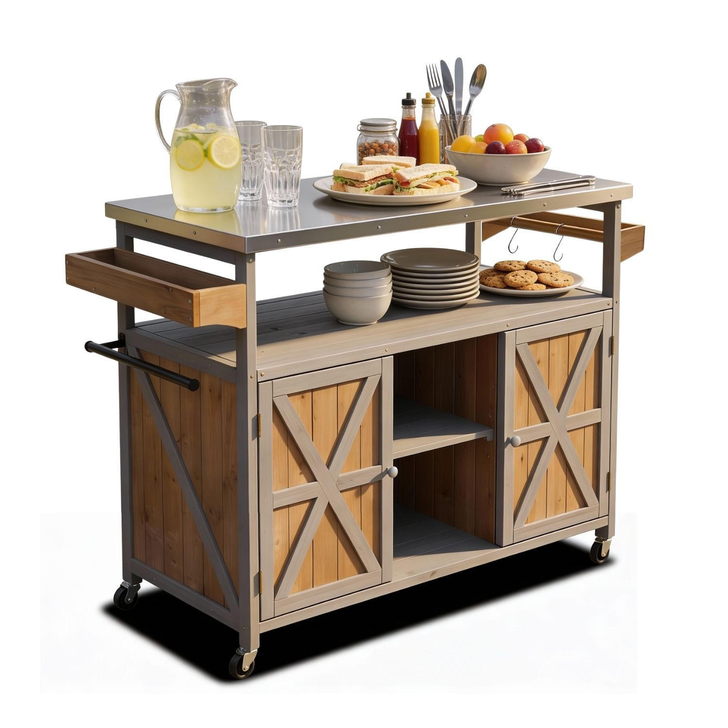 SERVIERWAGEN JAMES mit Rollen Outdoor 138/47/92 cm Farbe Grau - Grau, Holz (47/92/138cm) - Coemo