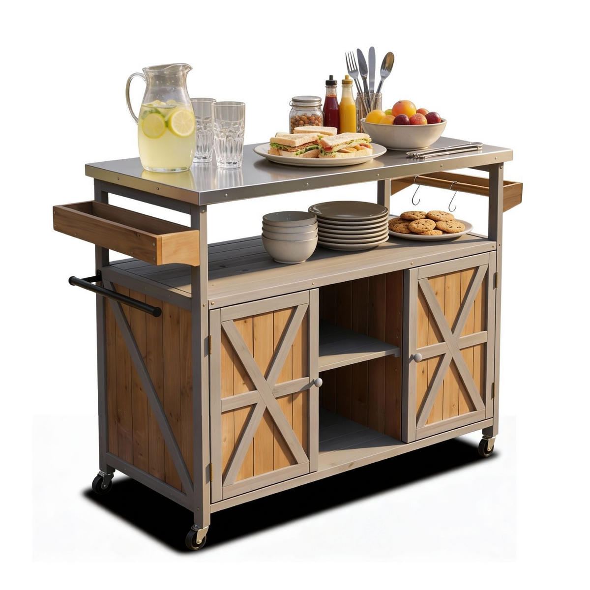 SERVIERWAGEN JAMES mit Rollen Outdoor 138/47/92 cm Farbe Grau - Grau, Holz (47/92/138cm) - Coemo