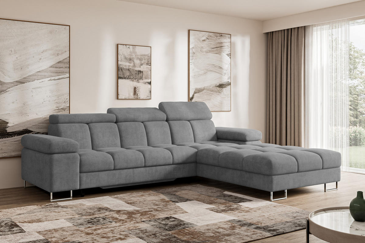 ECKSOFA mit Schlaffunktion Ottomane Rechts COMA L 271x203x79 Grau Velours - Grau, Holzwerkstoff/Textil (203/271cm) - ALTDECOR