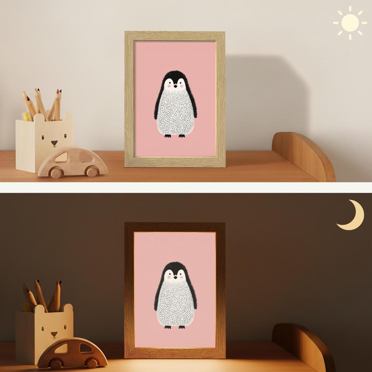 NACHTTISCHLAMPE Pinguin - Punkte - Minimalistisch - Rosa 15x20 cm - Rosa, Holzwerkstoff (8/15/20cm)