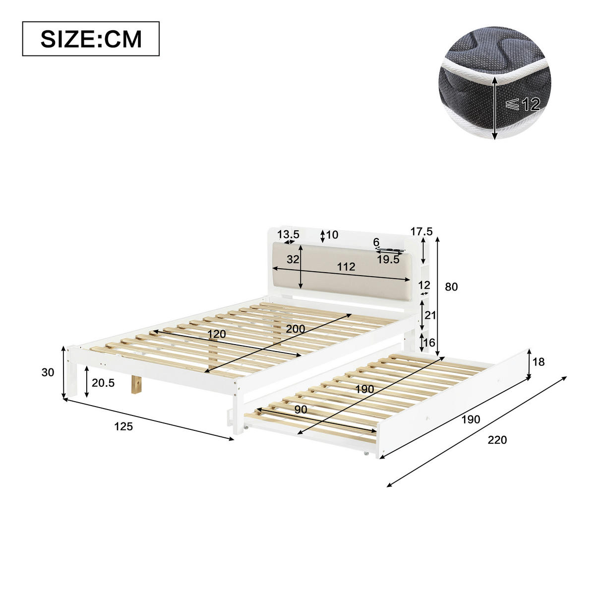 BETT 120/200 cm in Weiß mit Ausziehbett, gepolstertem Kopfteil, Kopfteilregal und Ladestation - Beige/Weiß, Holzwerkstoff (120/200cm) - STILVORA