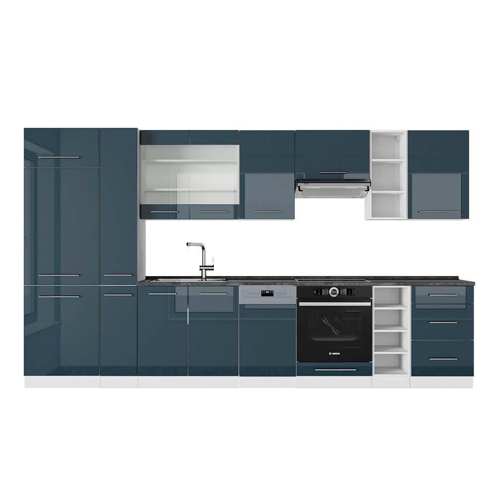 KÜCHENZEILE Fame-Line Dunkelblau Hochglanz/Weiß 355 cm, AP Anthrazit - Dunkelblau/Weiß, Holzwerkstoff (355/81.6/60cm) - Vicco