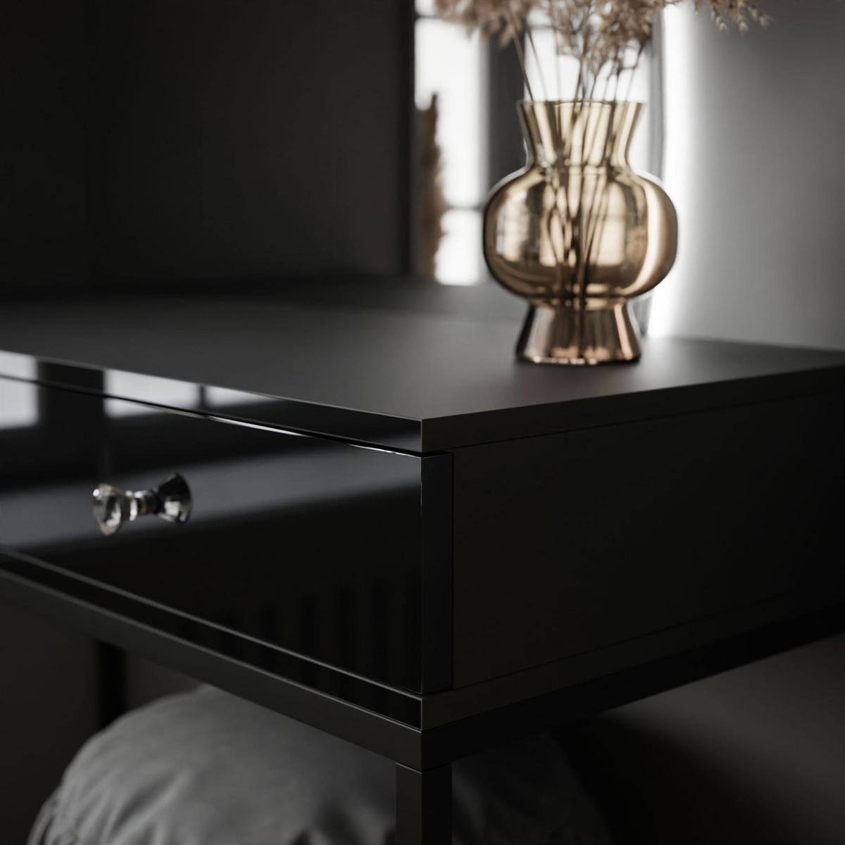 SCHMINKTISCH schwarz QUINNIE mit LED-Spiegel rechts Griff Kristall - Schwarz Hochglanz/Schwarz, Holzwerkstoff (100/176/42cm) - Lookway