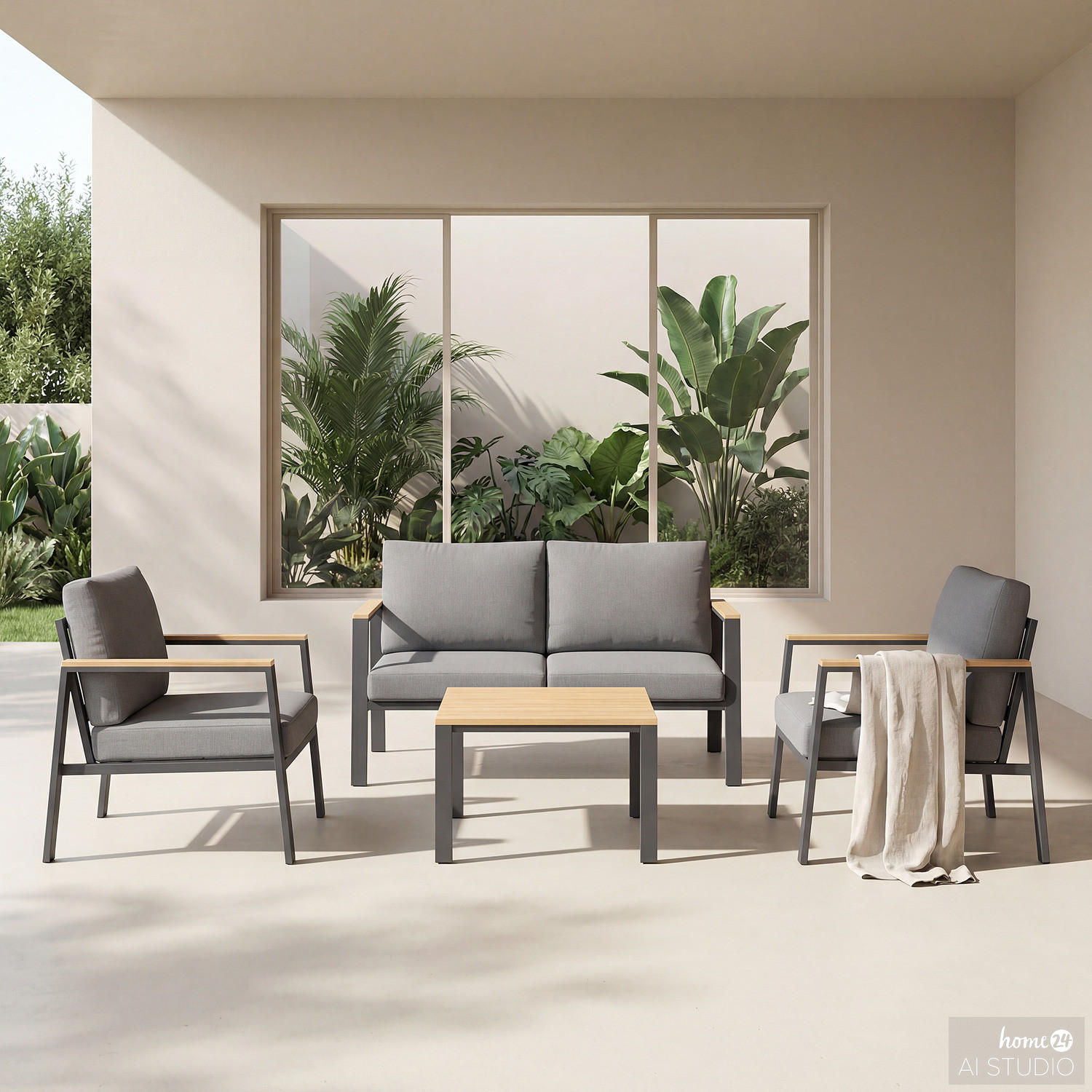 LOUNGESET - 4-teilig - Eukalyptus massiv / Polyester - Braun / Anthrazit - Braun/Grau, Holz/Textil - home24