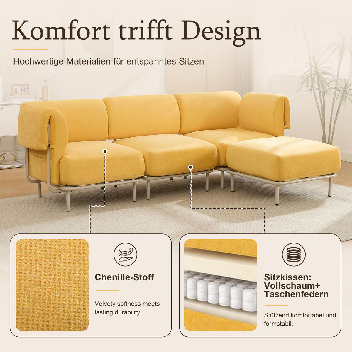 ECKSOFA 251/155/78 cm Senfgelb Chenille mit 1 Fußhocker - Currygelb/Grau, Textil (155/251cm) - Oxeza
