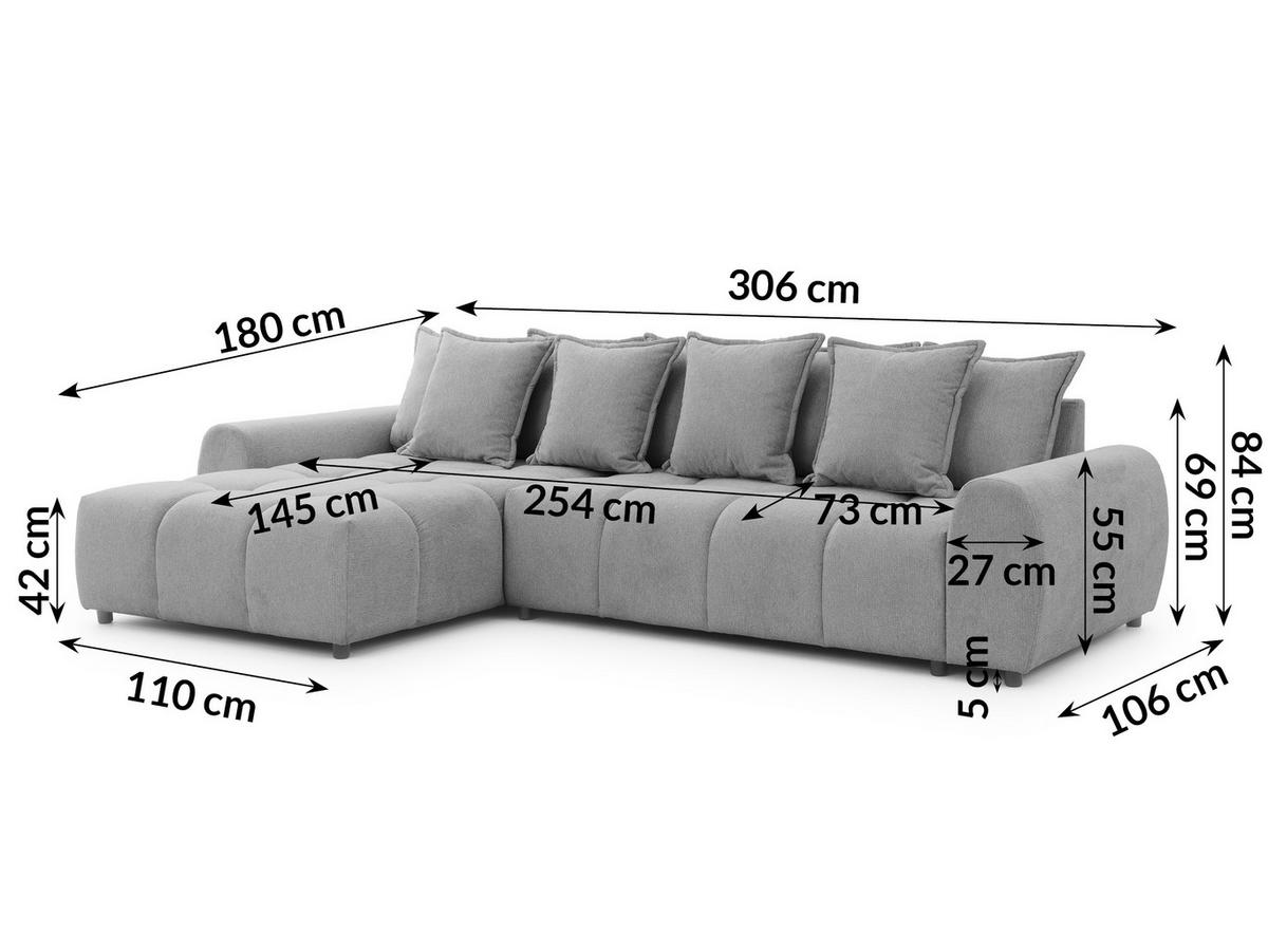 ECKSOFA inkl. Hocker Bubble mit Schlaffunktion und losen Rückenkissen, Sitzfläche in Bubble-Optik aus weichem Grau Strukturstoff - Ottomane Links - Schwarz/Grau, Holz/Kunststoff (180/306cm) - S-Style Möbel