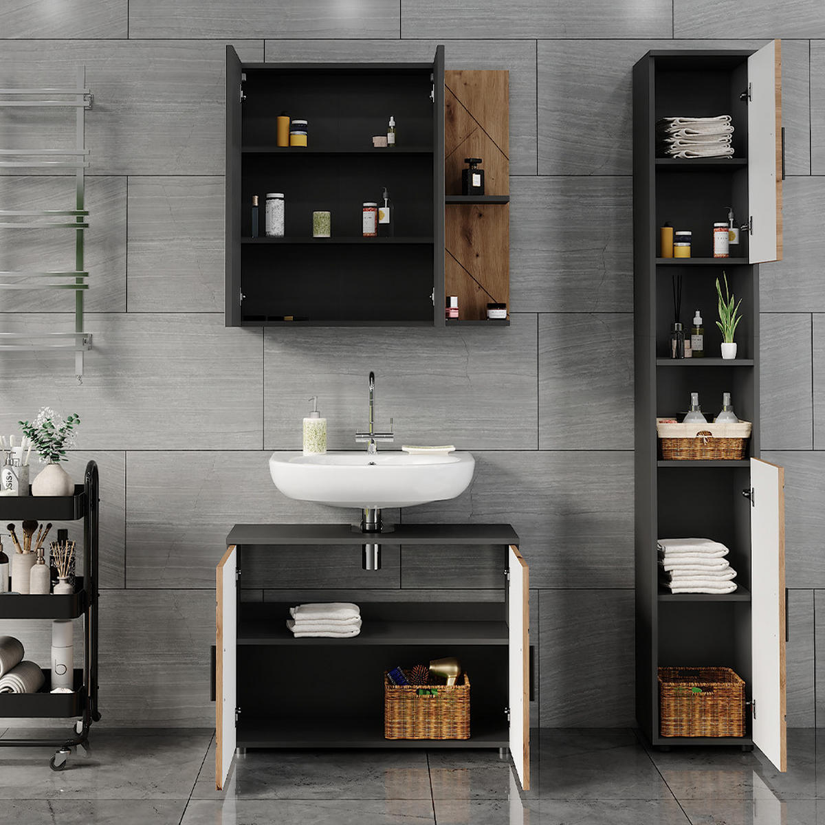 BADMÖBEL-SET Irma Anthrazit/Artisan 3 Teile - Anthrazit/Hellgrau, Holzwerkstoff (80/59/30cm) - Vicco
