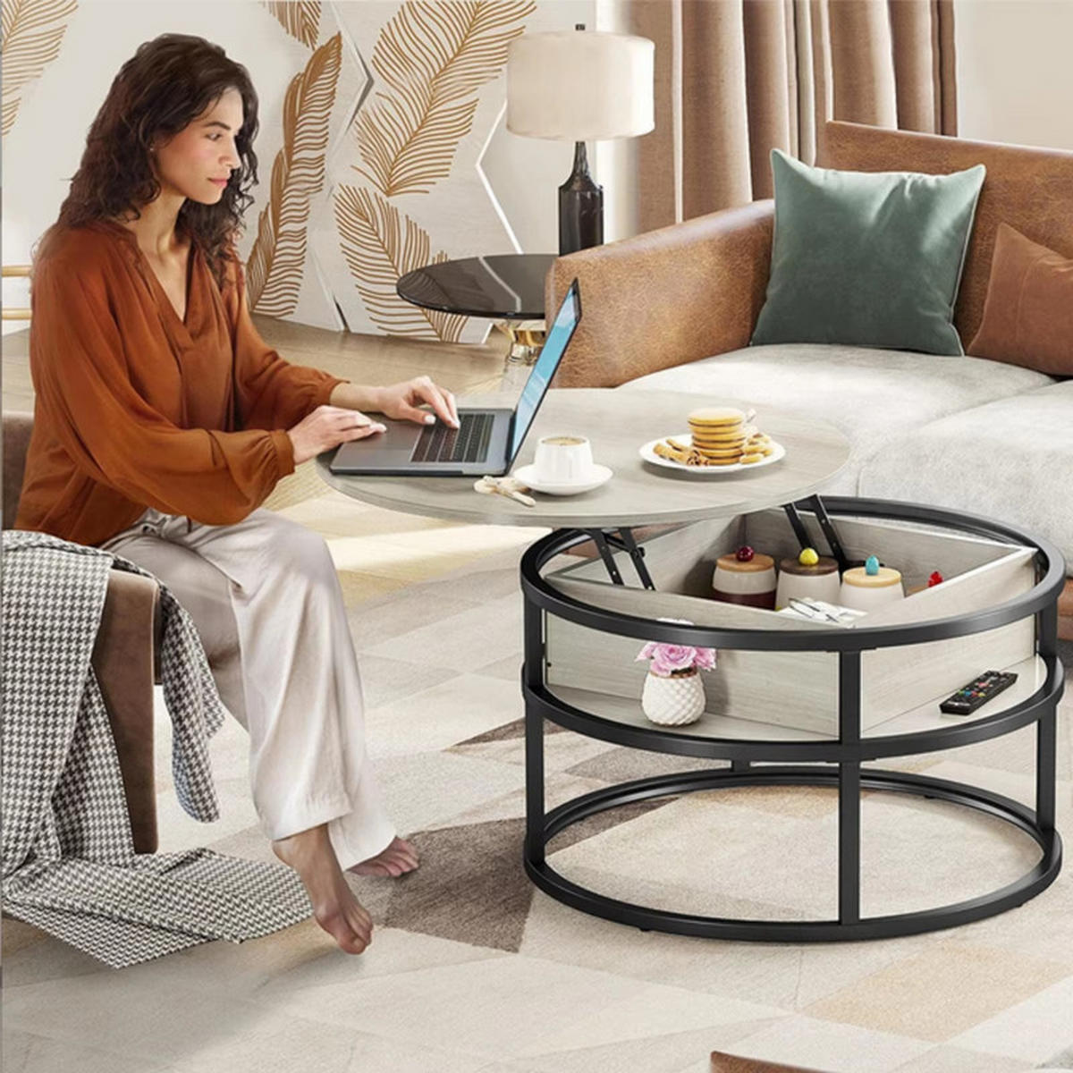 COUCHTISCH rund höhenverstellbar Landhausstil versteckter Stauraum Holz Grau - Grau, Holz (80/80/60cm) - Kaket