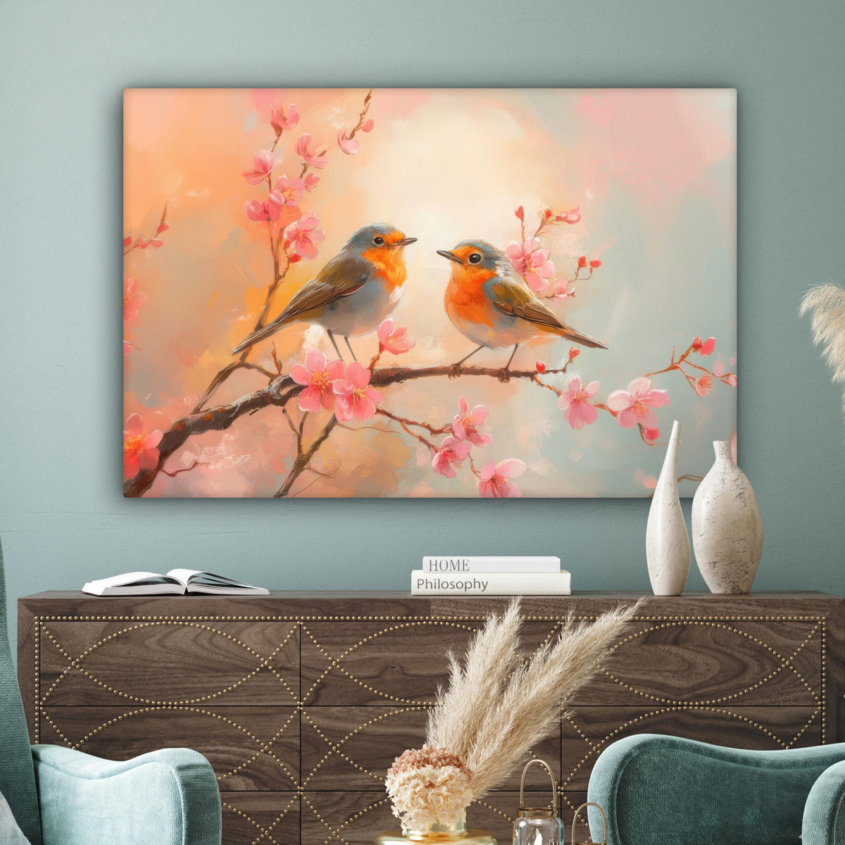 LEINWANDBILD Rotkehlchen - Zierpflanze - Blütenzweig Wohnzimmer Groß 120x80 cm - Hellrosa, Textil (120/80cm) - MuchoWow