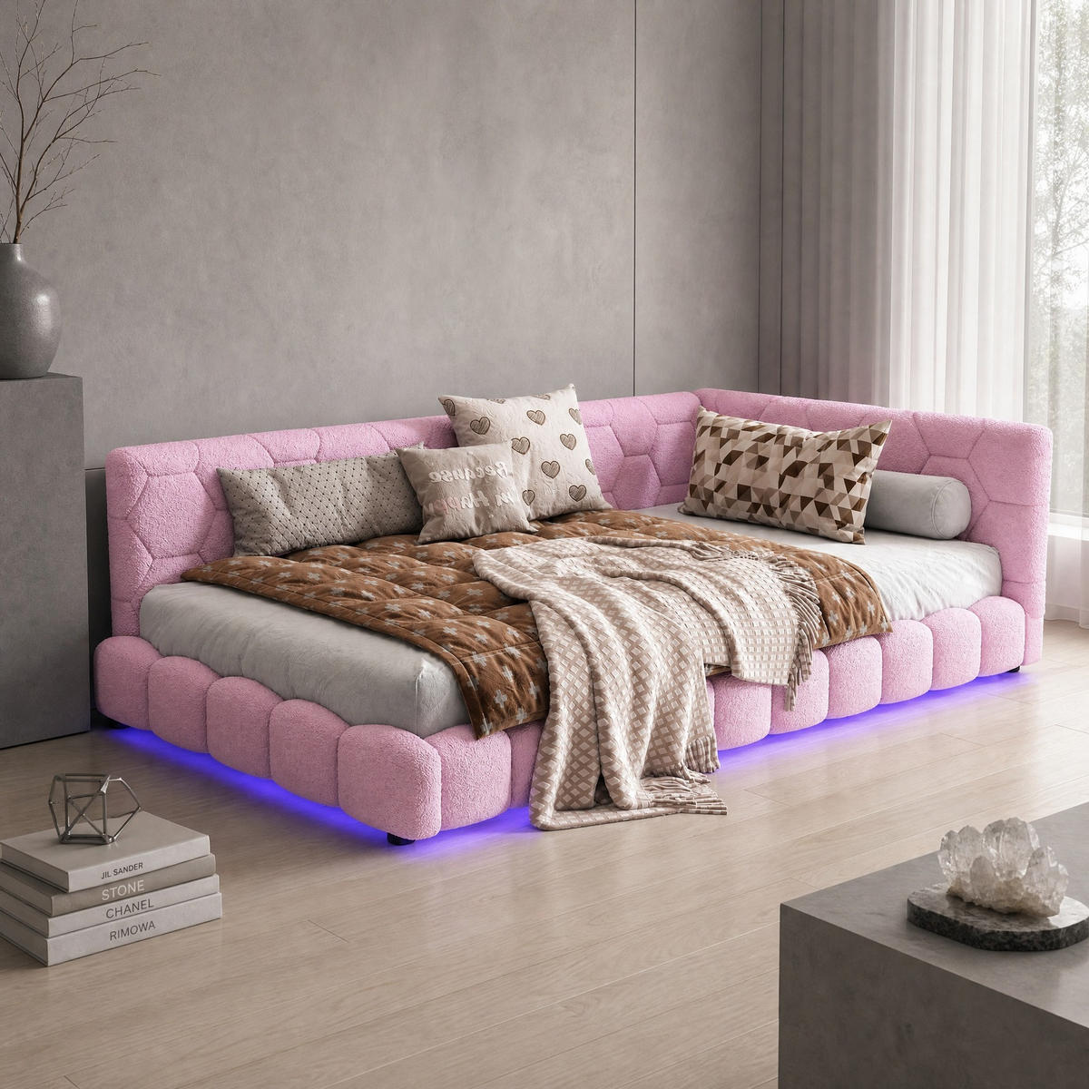 POLSTERBETT 90/200 mit 16-Farben-LED, USB, Type-C und Vliesimitat in Rosa - Rosa, Holzwerkstoff/Textil (90/200cm) - EVRYAE