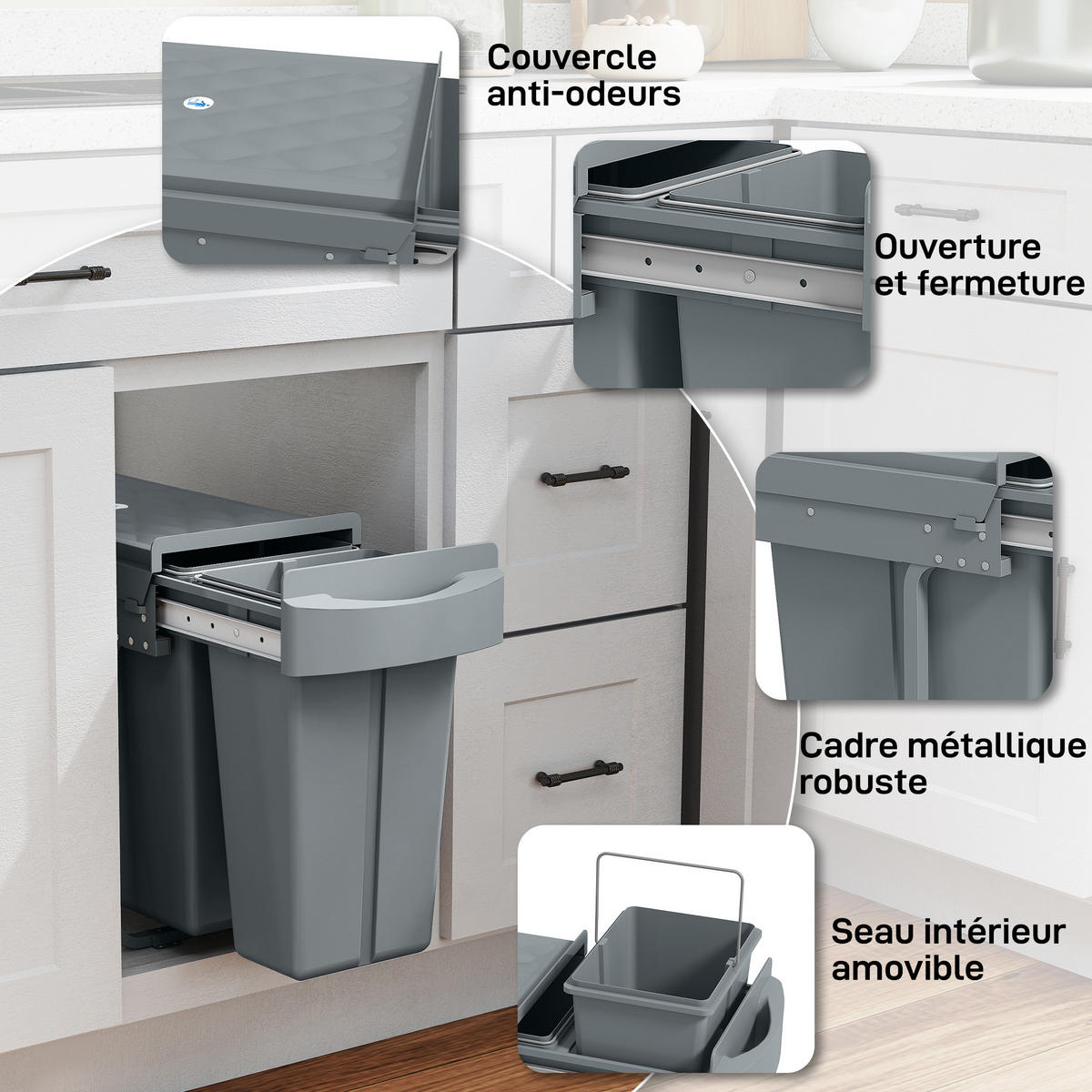 MÜLLTRENNSYSTEM Grau Soft-Close Ausziehbar 30L - Grau, Kunststoff (52/40.8/26cm) - PANGIVO