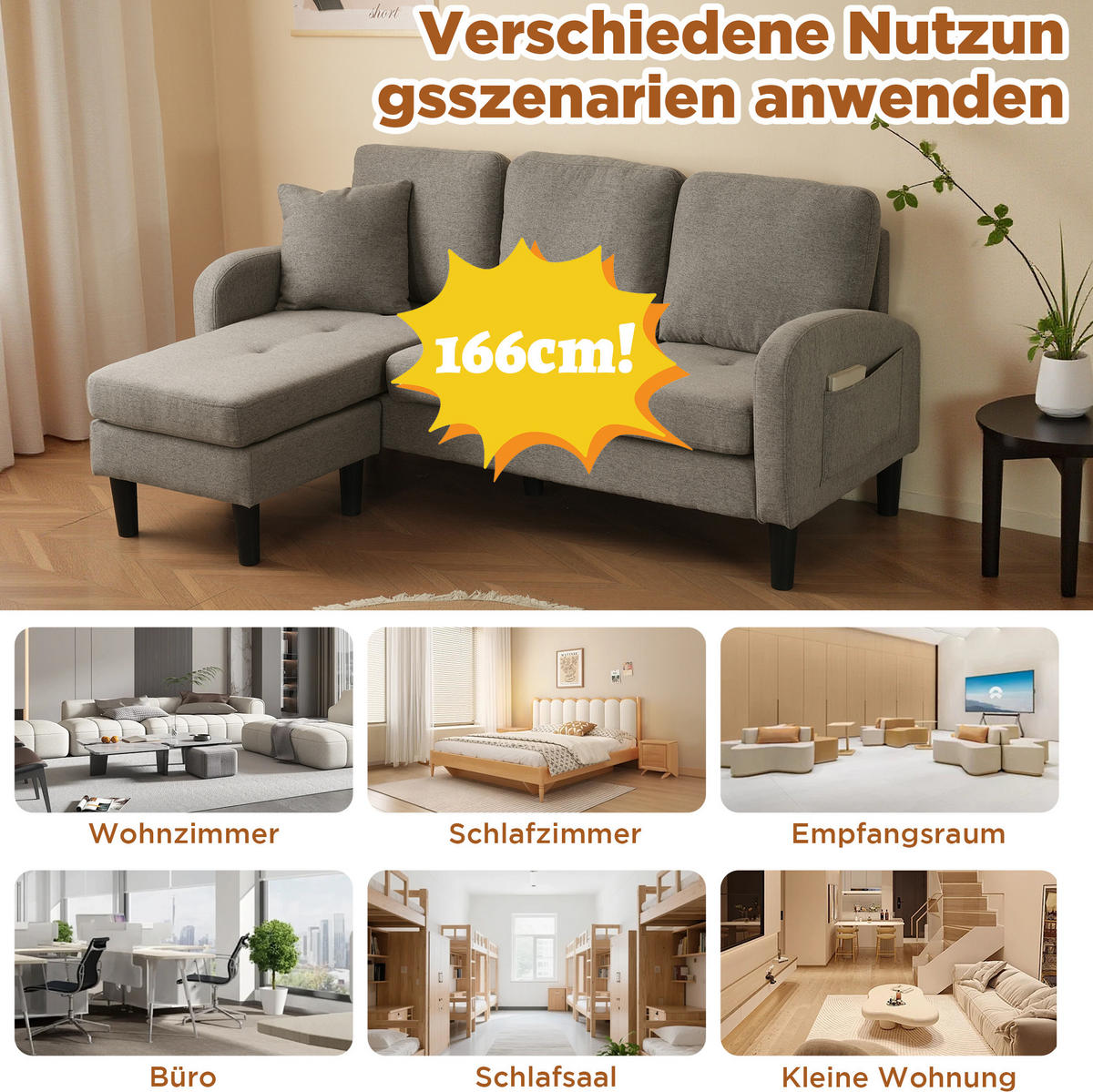 ECKSOFA Baumwoll-Leinenbezug mit Chaiselongue modular Antik Dunkelgrau 166/118/77 cm - Dunkelgrau, Textil (166/118cm) - Redom
