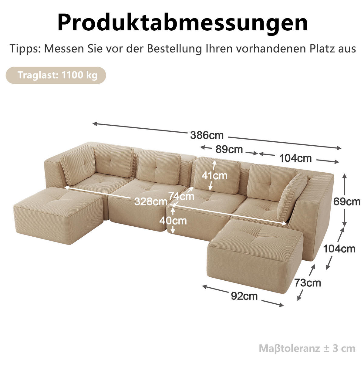 WOHNLANDSCHAFT 386/177/69 cm in Beige aus Cord mit rutschfestem Stand - Beige, Textil (177/69/386cm) - Flora Grace