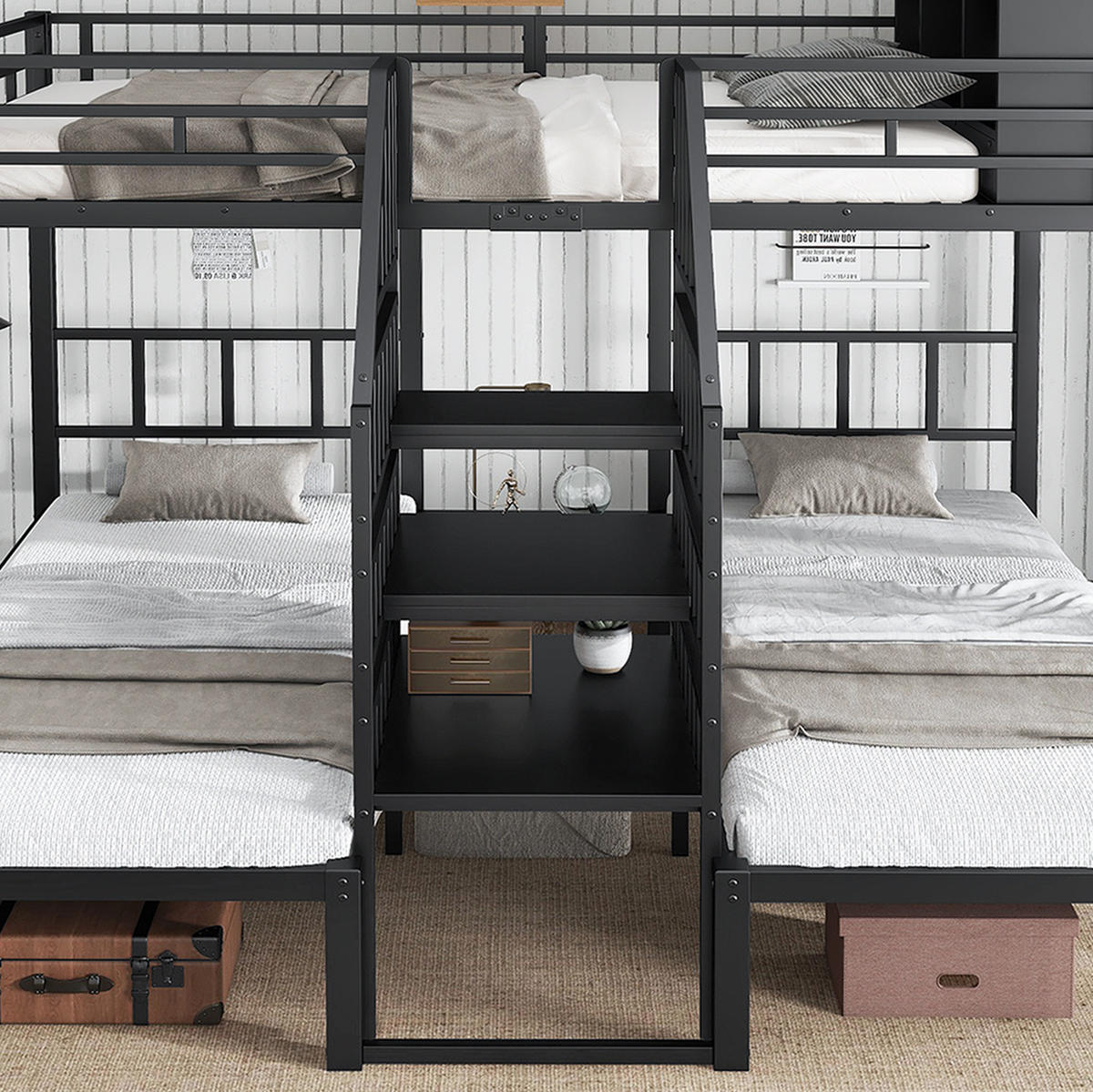 ETAGENBETT 90/200 & 140/200 cm in Schwarz mit Treppe und Stauraum - Schwarz, Metall (90/200cm) - OKMYHOME