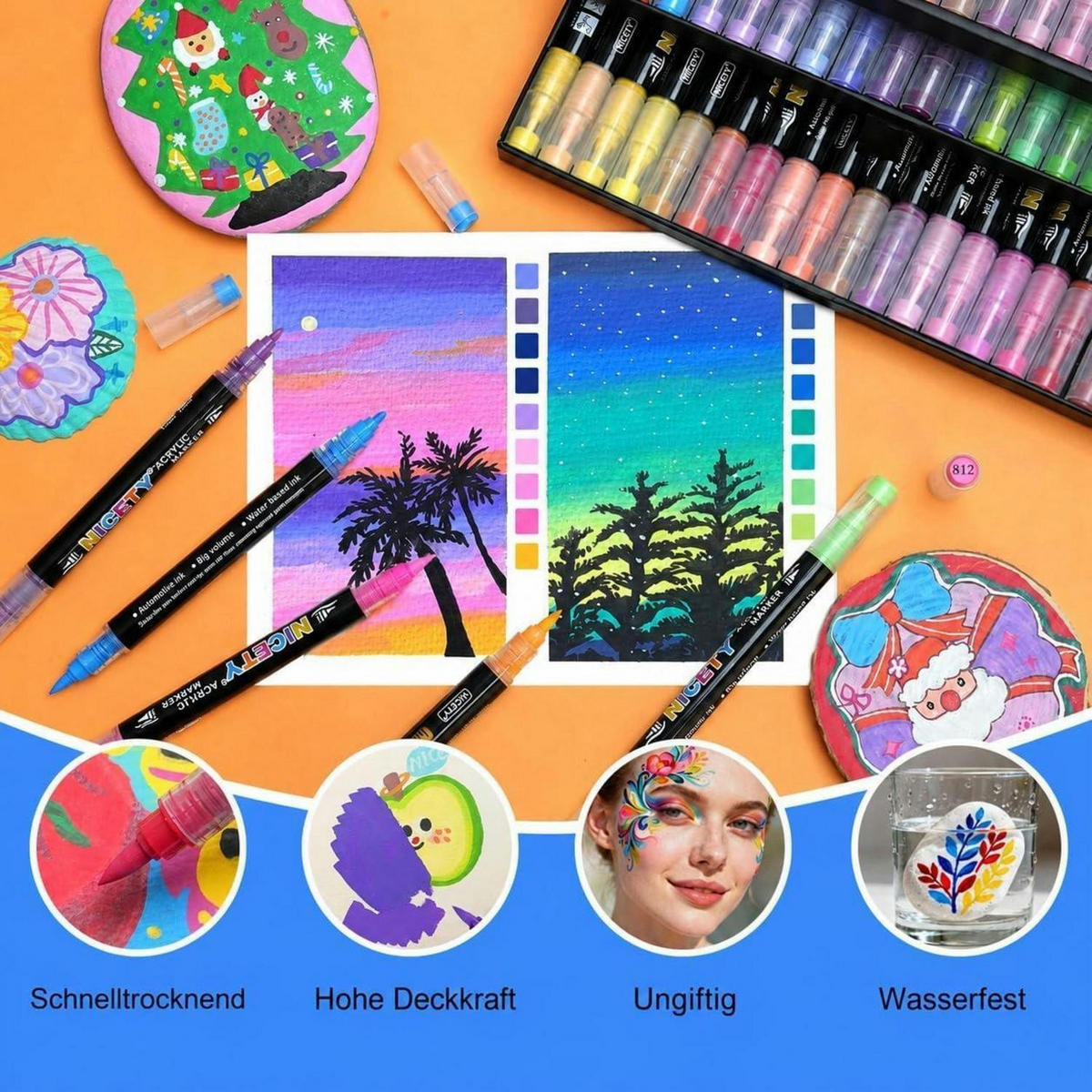 ACRYLSTIFTE Set 54 Farben Dual Tip Wasserfest - Multicolor, Kunststoff (1.1/1.1/15.5cm)
