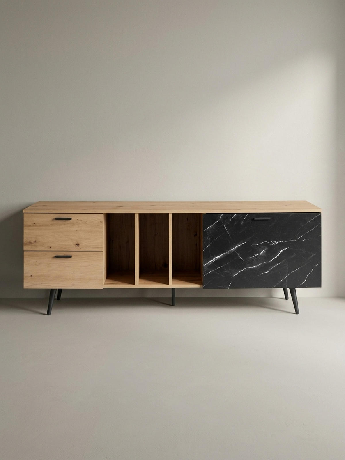TV-LOWBOARD mit Eiche-Dekor, Tür und Schubladen, kompakte Aufteilung, Braun-Schwarz/Marmoroptik 150x40x55 cm - Anthrazit/Schwarz, Holzwerkstoff/Metall (150/55/40cm) - KADIMA DESIGN