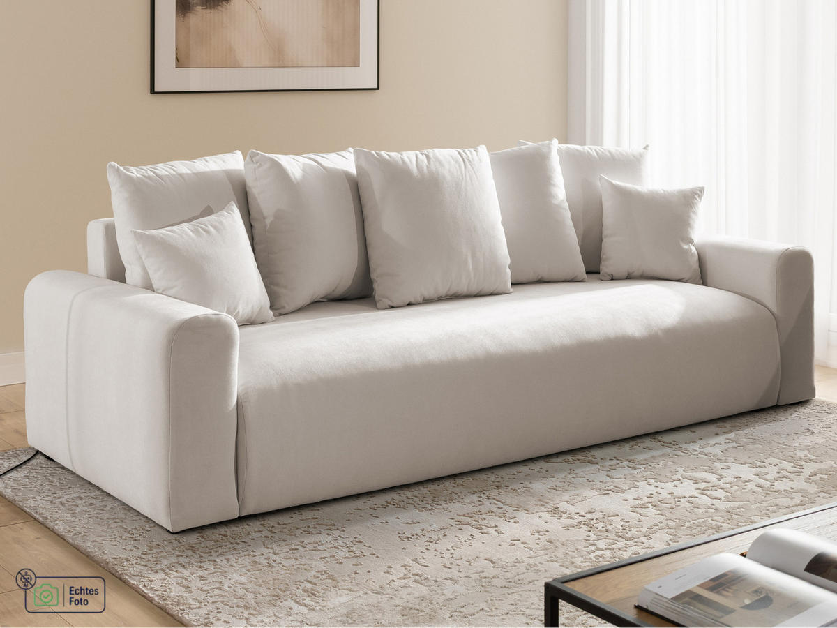 SCHLAFSOFA Calma mit Bettkasten im Bumpy-Design aus weichem Beige Webstoff - Beige/Schwarz, Holz/Kunststoff (239/88/98cm) - S-Style