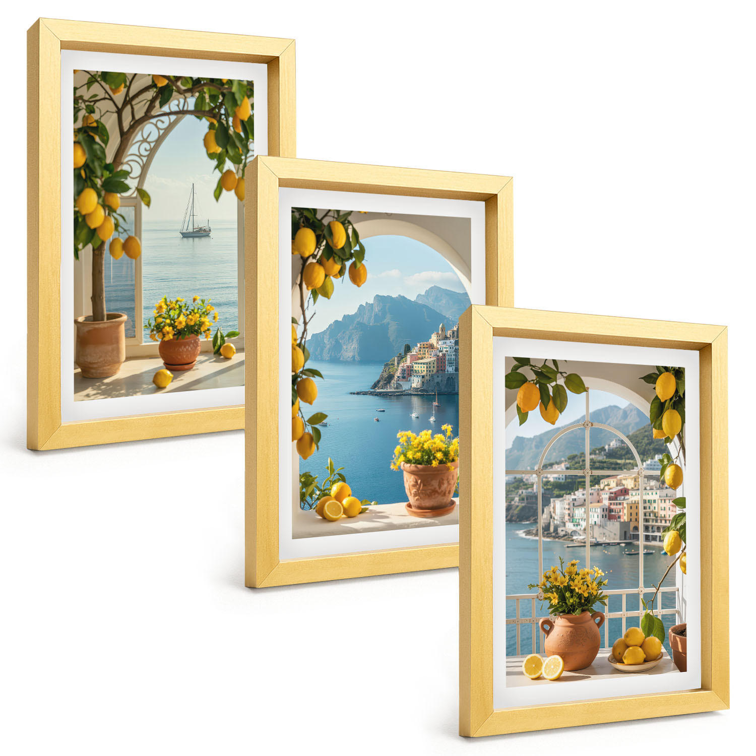 BILDER SET 3er Set - 20x30 cm Goldrahmen - Zitronenblumen aus der Küstenstadt - Goldfarben, Kunststoff (20/30cm) - TULUP