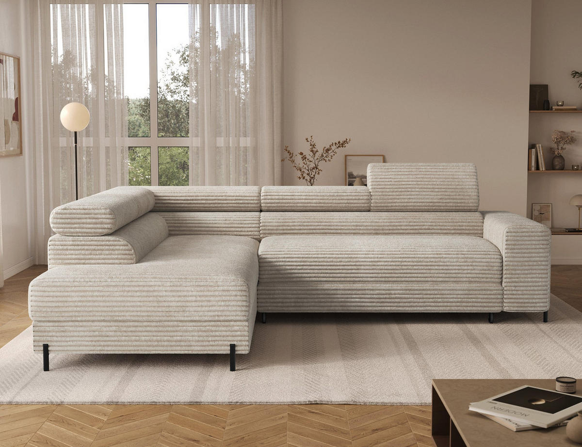 ECKSOFA COLESIO L-Form, Schlaffunktion, Bettkasten, verstellbare Kopfstützen, Wellenfederung, Metallfüße, breiter Cordstoff - Creme/Schwarz, Kunststoff/Metall (269/204cm) - Wohnideebilder