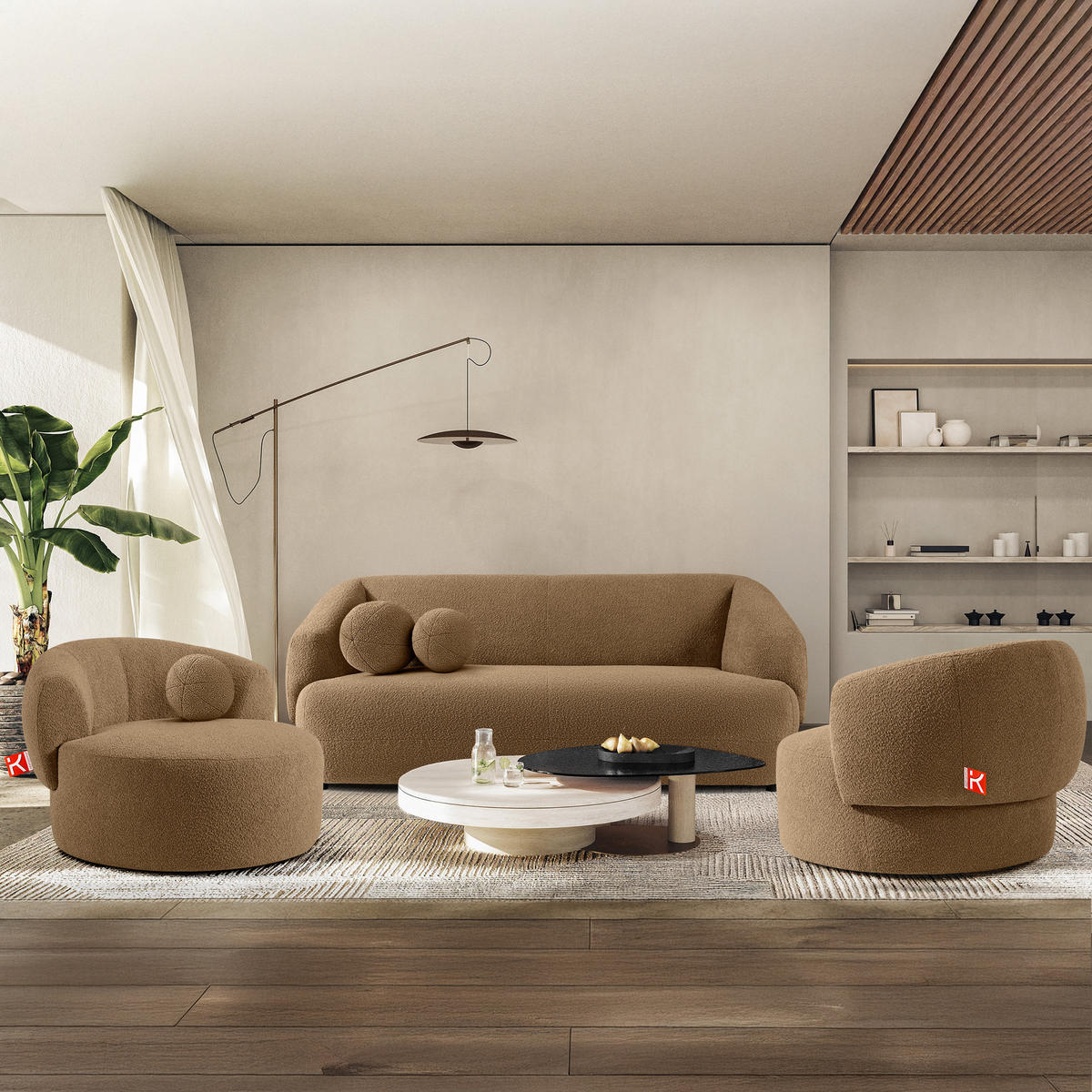 DREHSESSEL VIRA, Dunkelbeige, Bouclé - Schwarz/Braun, Holz/Holzwerkstoff (105/76/100cm) - KONSIMO®