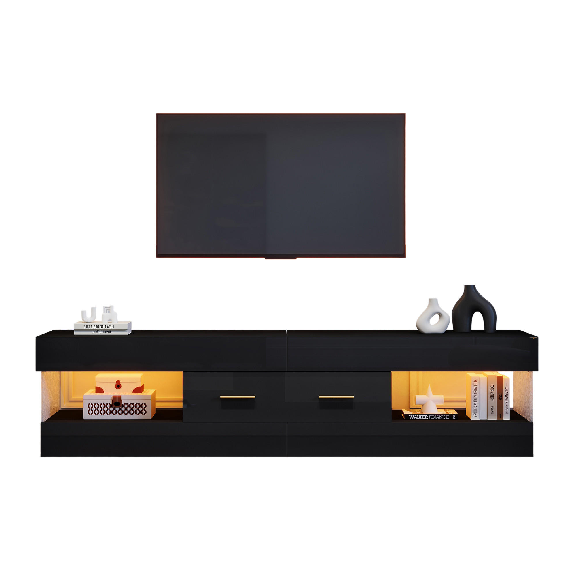 STILVORA ČERNÝ TV STOLEK s LED, otevřenými policemi a zásuvkami, 152/35/40 cm, do obývacího pokoje