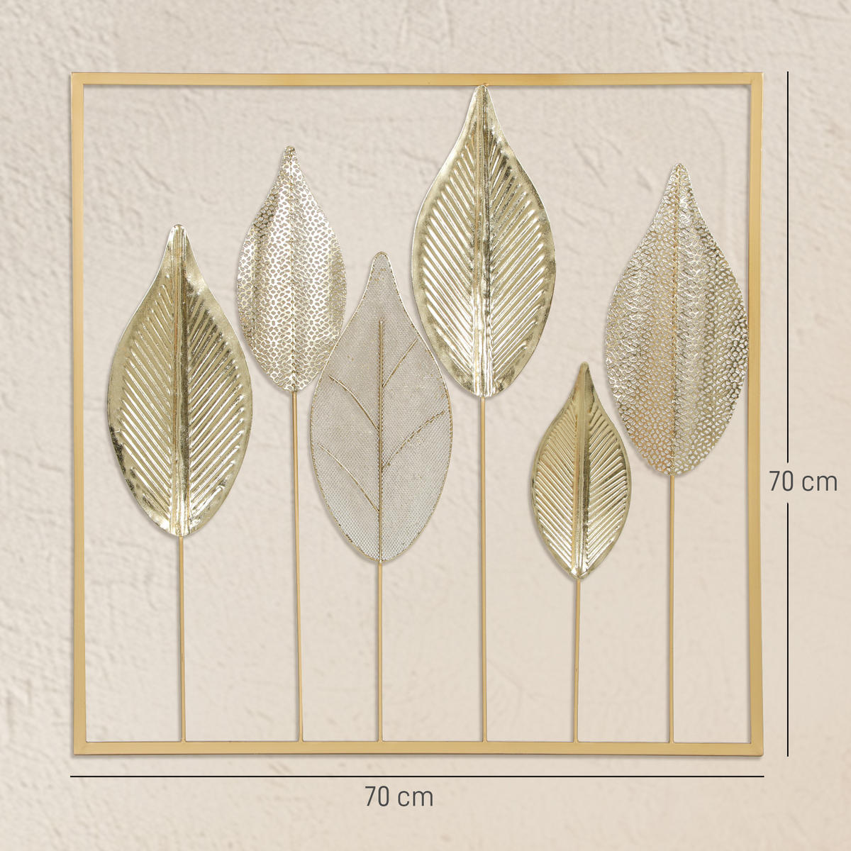 WANDDEKO Luxuriöse Wandbild Metallbild Wandskulptur mit Blattdesign Gold - Goldfarben, Metall (2.5/70/70cm) - HOMCOM