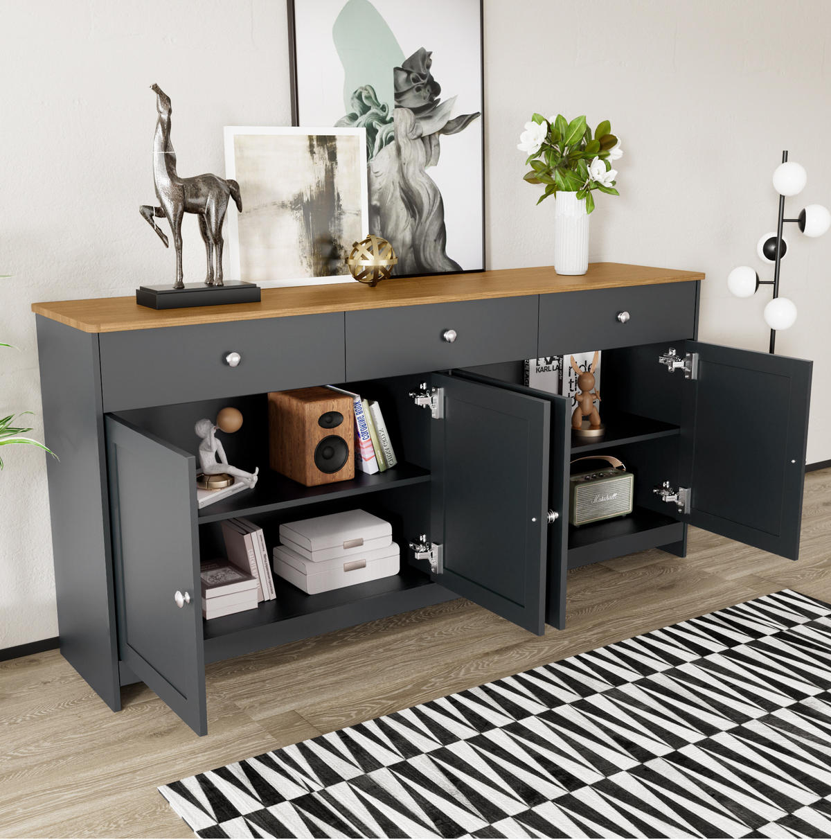 SIDEBOARD 160/37/75 cm in Grauschwarz mit 4 Türen, 3 Schubladen und Ablagefächern - Schwarz, Holzwerkstoff (160/75/37cm) - Flora Grace